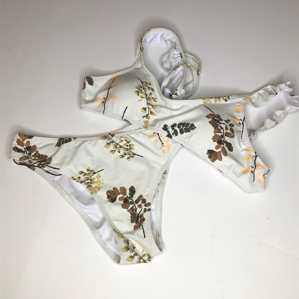 Cream & Brown Floral Two Piece Bikini Swimsuit New S